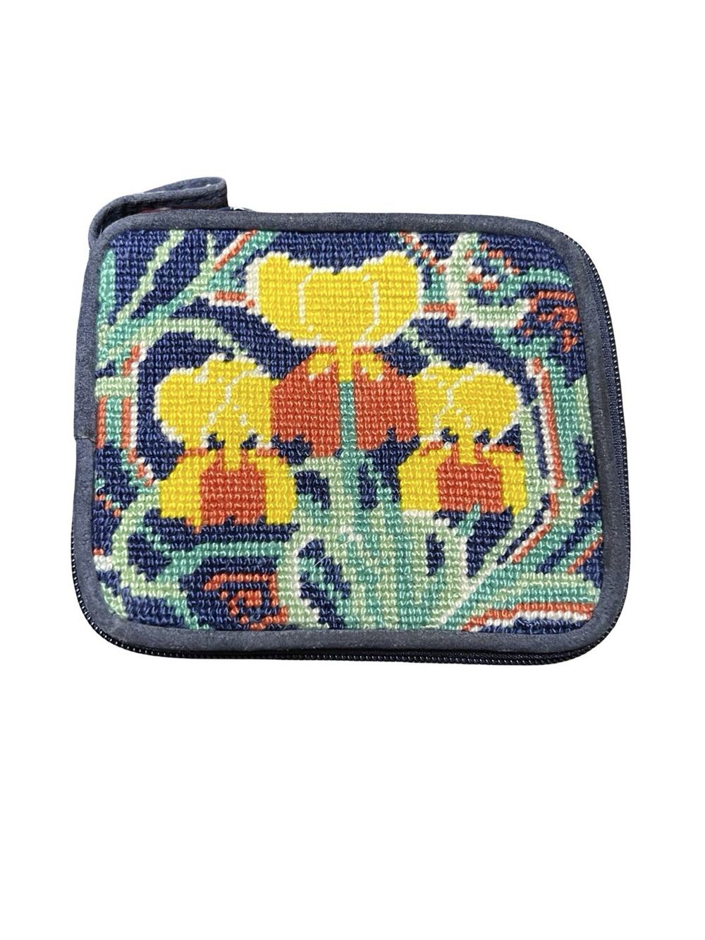 Vintage Floral Needlepoint & Suede Small Pocket Purse Coin Bag Tapestry